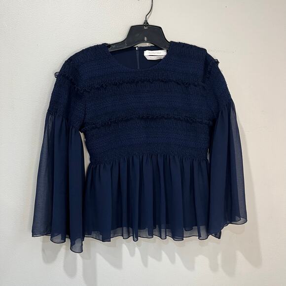 See By Chloe Dark Navy Peasant Top Sheer Sleeves Smocked Bodice Boho Sz 4 - Picture 2 of 13